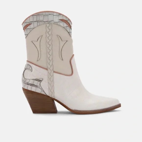 Dolce Vita Loral Ivory Croco Print Leather Western Ankle Boots - Picture 4 of 8